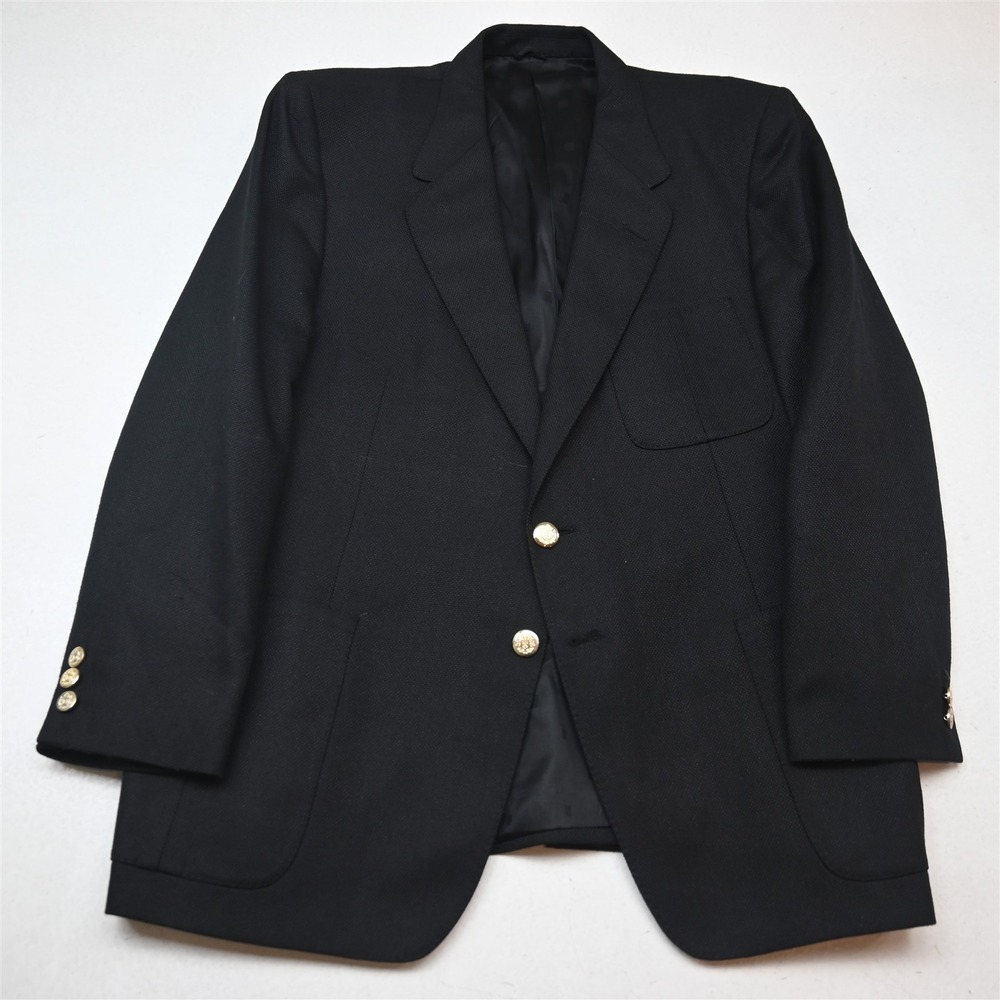 Vtg USA 44S Black Heavy Hopsack Gold Button Mens Blazer Suit Jacket Sport Coat